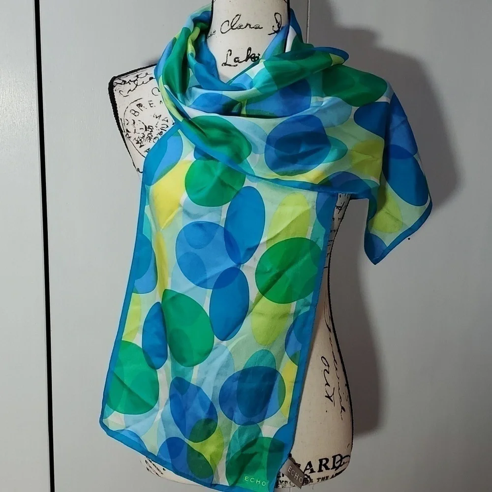 Echo- Womens Geometric Circles Silk Scarf Blues, Greens,White, Yellows 11 X 59